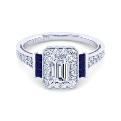 Vintage Inspired 14K White Gold Halo Emerald Cut Sapphire and Diamond Channel Set Engagement Ring