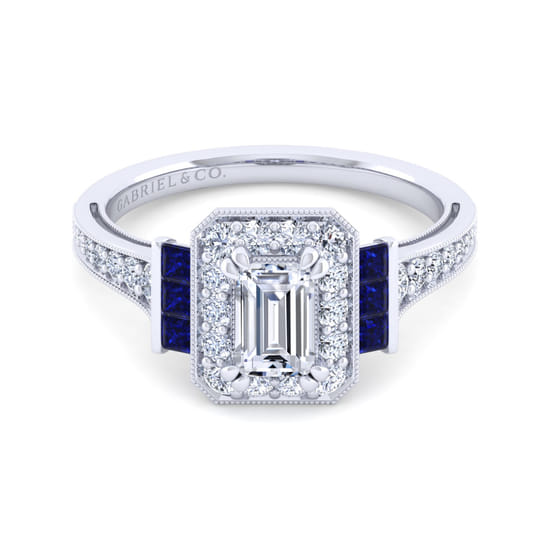 Gabriel - Vintage Inspired 14K White Gold Halo Emerald Cut Sapphire and Diamond Channel Set Engagement Ring