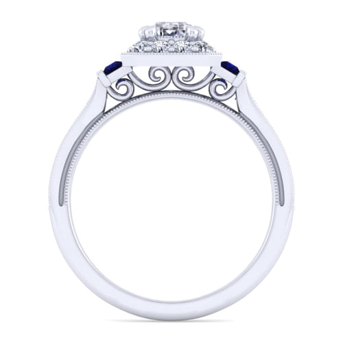 Vintage Inspired 14K White Gold Halo Emerald Cut Sapphire and Diamond Channel Set Engagement Ring
