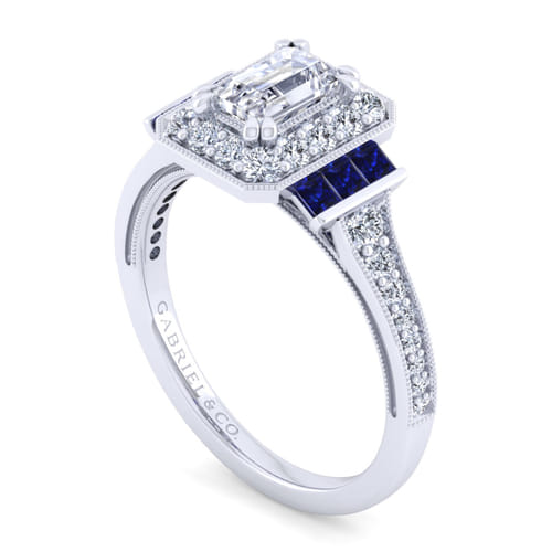 Vintage Inspired 14K White Gold Halo Emerald Cut Sapphire and Diamond Channel Set Engagement Ring