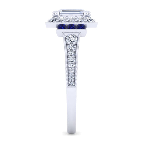 Vintage Inspired 14K White Gold Halo Emerald Cut Sapphire and Diamond Channel Set Engagement Ring