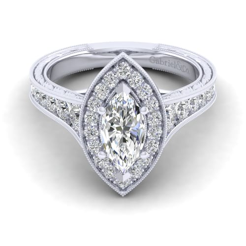 Vintage Inspired 14K White Gold Marquise Halo Diamond Channel Set Engagement Ring