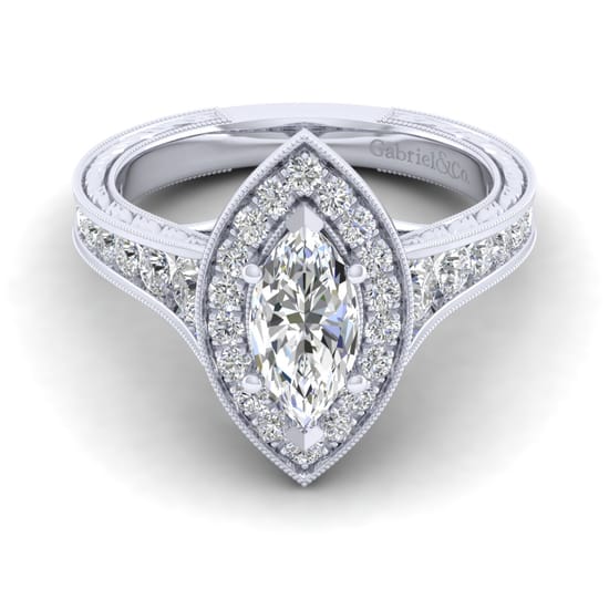 Gabriel - Vintage Inspired 14K White Gold Marquise Halo Diamond Channel Set Engagement Ring