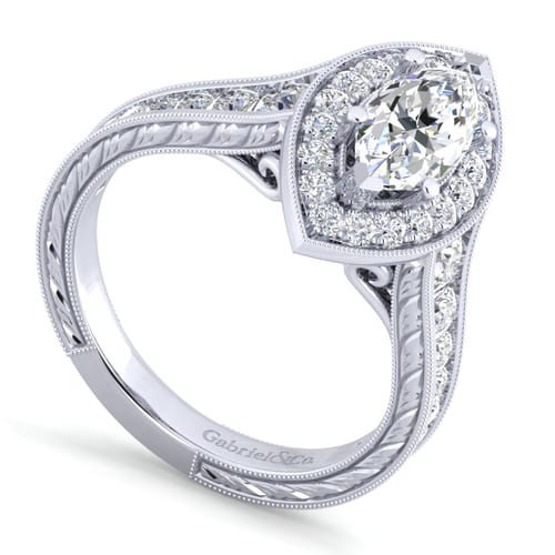 Vintage Inspired 14K White Gold Marquise Halo Diamond Channel Set Engagement Ring