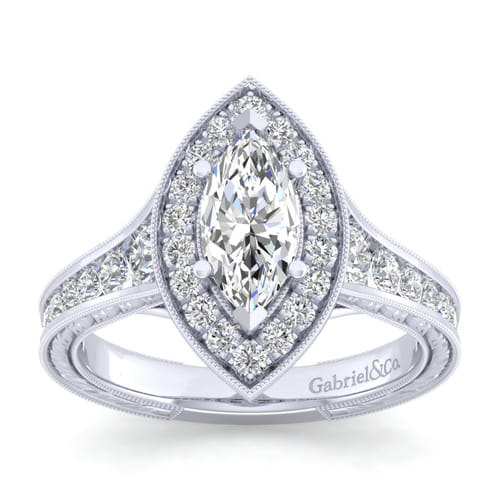 Vintage Inspired 14K White Gold Marquise Halo Diamond Channel Set Engagement Ring