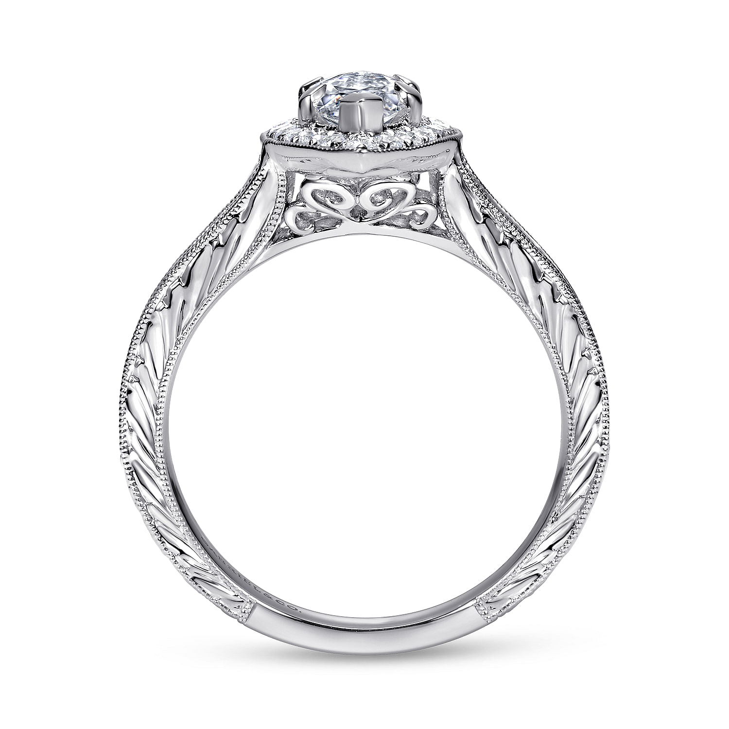 Vintage Inspired 14K White Gold Marquise Halo Diamond Channel Set Engagement Ring