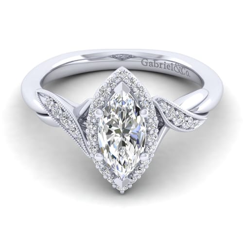 Vintage Inspired 14K White Gold Marquise Halo Diamond Engagement Ring