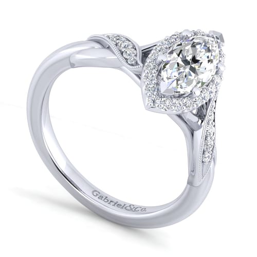 Vintage Inspired 14K White Gold Marquise Halo Diamond Engagement Ring