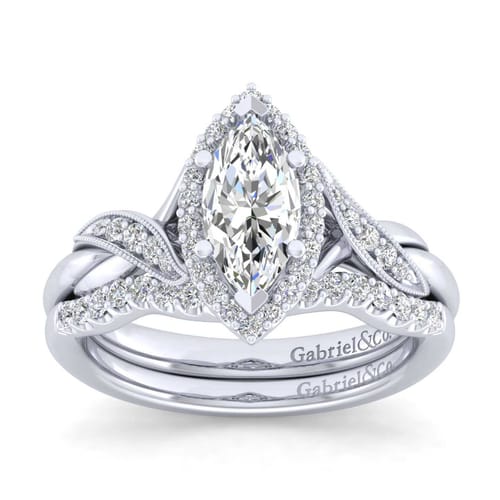 Vintage Inspired 14K White Gold Marquise Halo Diamond Engagement Ring