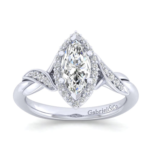 Vintage Inspired 14K White Gold Marquise Halo Diamond Engagement Ring