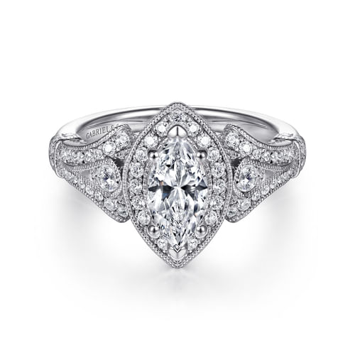 Vintage Inspired 14K White Gold Marquise Halo Diamond Engagement Ring