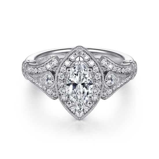 Gabriel - Vintage Inspired 14K White Gold Marquise Halo Diamond Engagement Ring