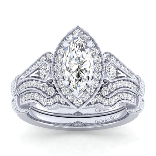 Vintage Inspired 14K White Gold Marquise Halo Diamond Engagement Ring