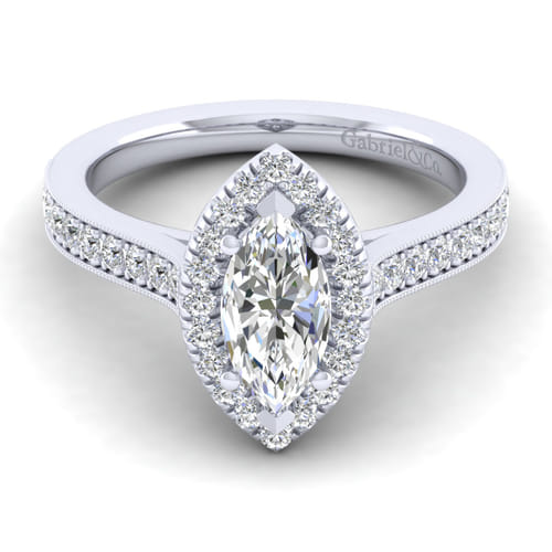 Vintage Inspired 14K White Gold Marquise Halo Diamond Engagement Ring
