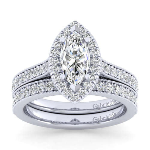 Vintage Inspired 14K White Gold Marquise Halo Diamond Engagement Ring