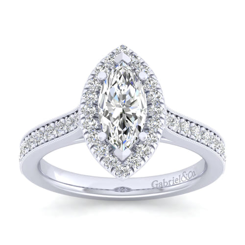 Vintage Inspired 14K White Gold Marquise Halo Diamond Engagement Ring