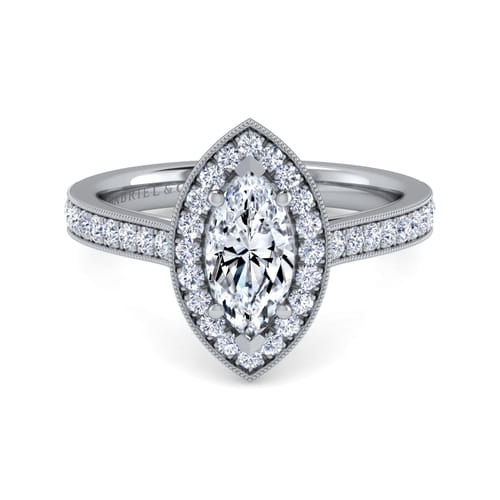 Vintage Inspired 14K White Gold Marquise Halo Diamond Engagement Ring