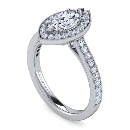 Vintage Inspired 14K White Gold Marquise Halo Diamond Engagement Ring