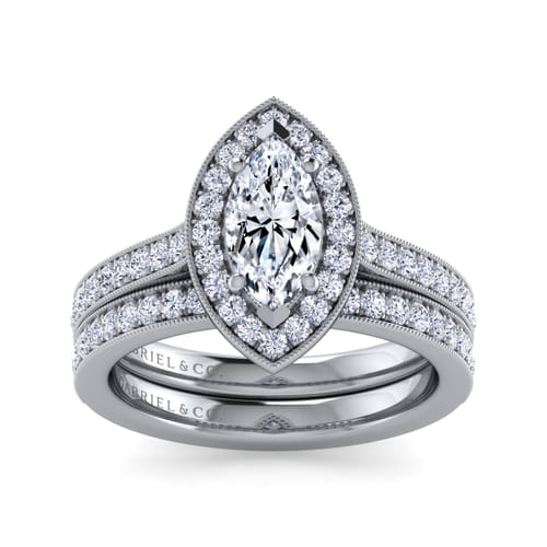 Vintage Inspired 14K White Gold Marquise Halo Diamond Engagement Ring
