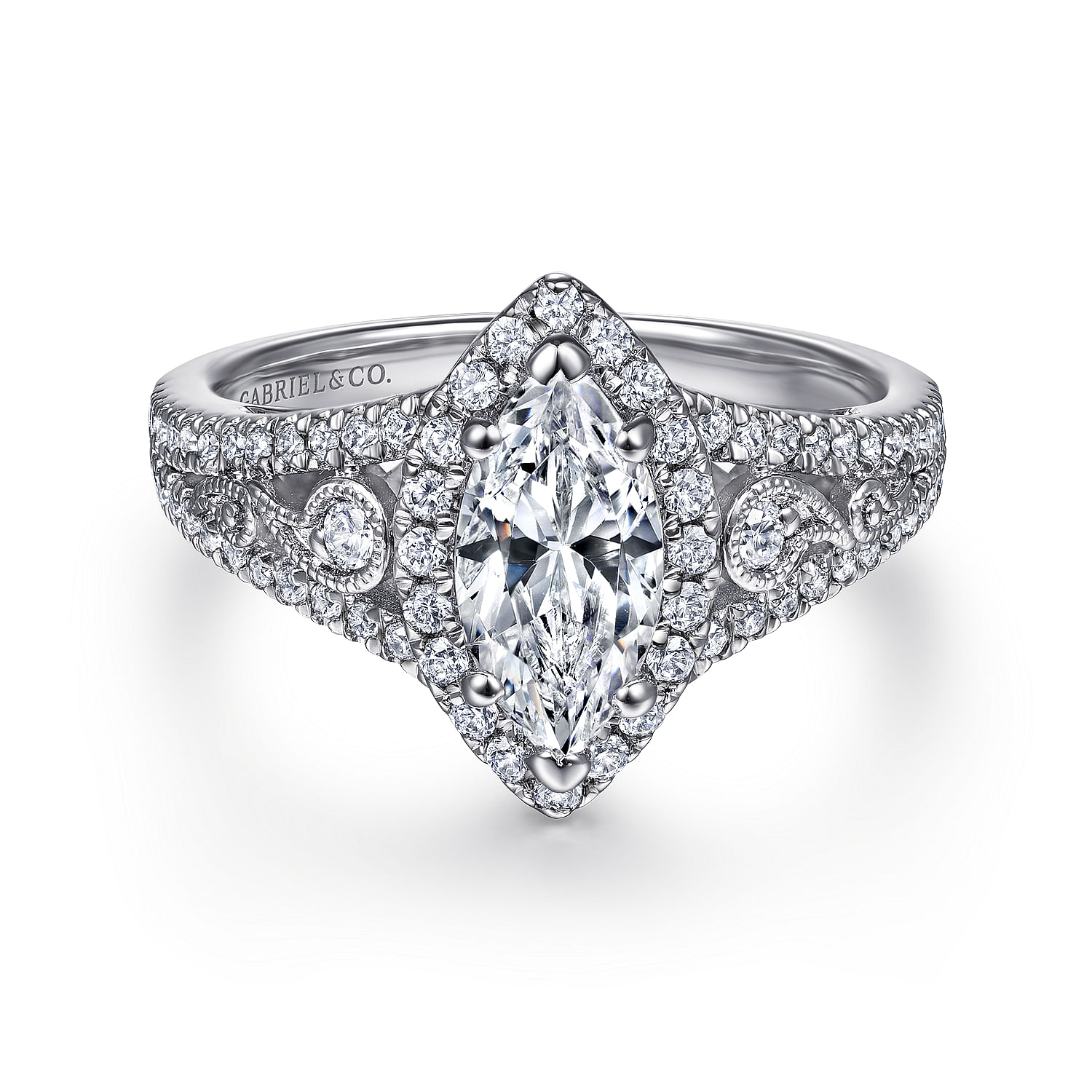 Gabriel - Vintage Inspired 14K White Gold Marquise Halo Diamond Engagement Ring