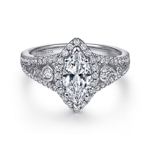 Vintage Inspired 14K White Gold Marquise Halo Diamond Engagement Ring