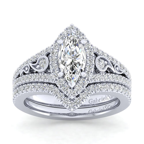 Vintage Inspired 14K White Gold Marquise Halo Diamond Engagement Ring