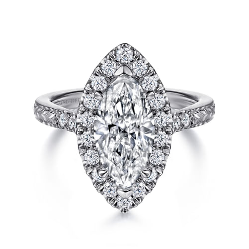 Vintage Inspired 14K White Gold Marquise Halo Diamond Engagement Ring