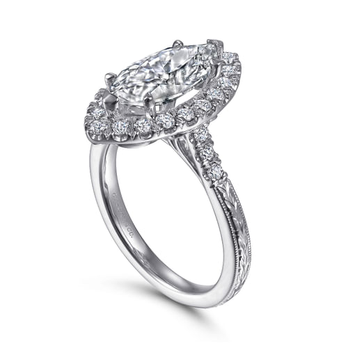 Vintage Inspired 14K White Gold Marquise Halo Diamond Engagement Ring