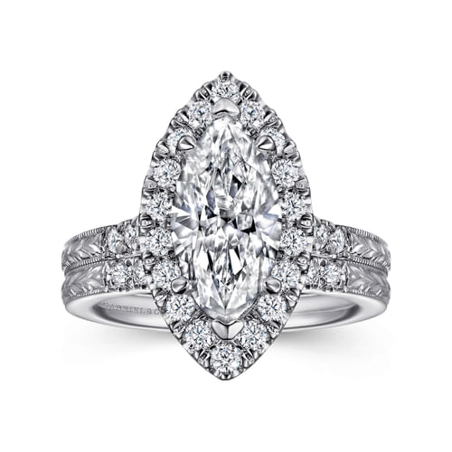 Vintage Inspired 14K White Gold Marquise Halo Diamond Engagement Ring