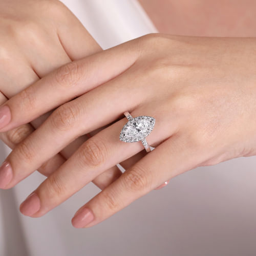 Vintage Inspired 14K White Gold Marquise Halo Diamond Engagement Ring