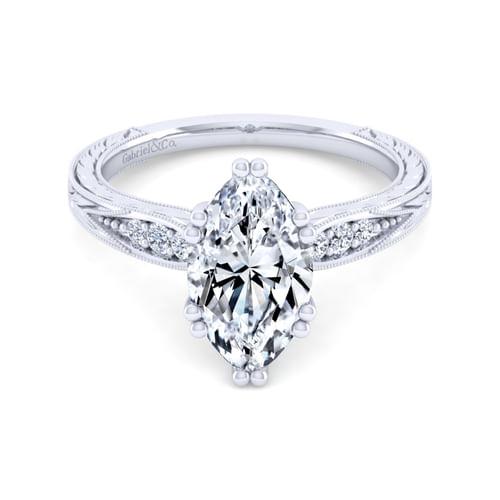 Vintage Inspired 14K White Gold Marquise Shape Diamond Engagement Ring