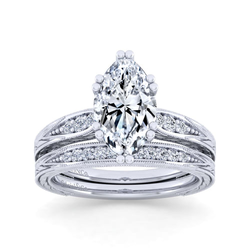 Vintage Inspired 14K White Gold Marquise Shape Diamond Engagement Ring
