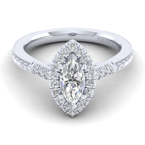 Vintage Inspired 14K White Gold Marquise Shape Halo Diamond Engagement Ring