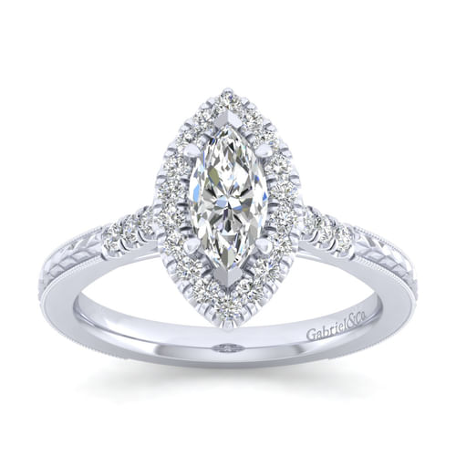 Vintage Inspired 14K White Gold Marquise Shape Halo Diamond Engagement Ring