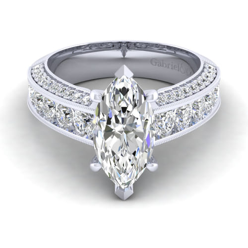 Vintage Inspired 14K White Gold Marquise Shape Wide Band Diamond Channel Set Engagement Ring