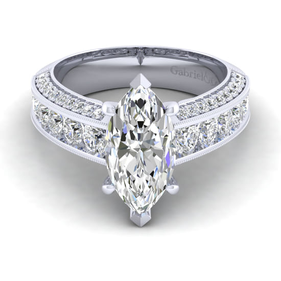 Gabriel - Vintage Inspired 14K White Gold Marquise Shape Wide Band Diamond Channel Set Engagement Ring