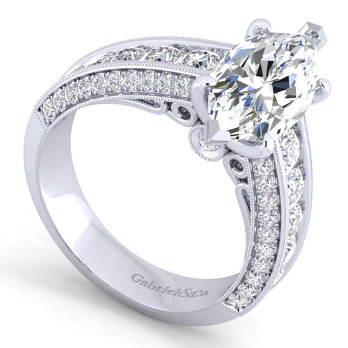 Vintage Inspired 14K White Gold Marquise Shape Wide Band Diamond Channel Set Engagement Ring