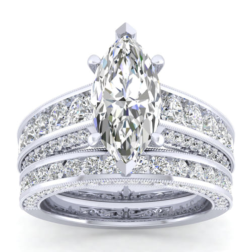 Vintage Inspired 14K White Gold Marquise Shape Wide Band Diamond Channel Set Engagement Ring