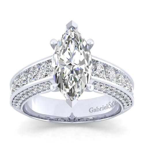 Vintage Inspired 14K White Gold Marquise Shape Wide Band Diamond Channel Set Engagement Ring