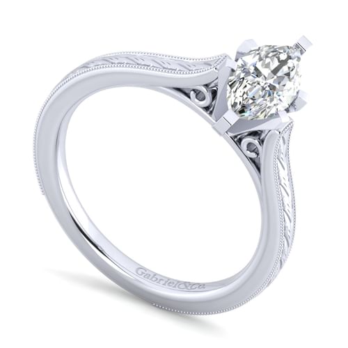 Vintage Inspired 14K White Gold Marquise Shaped Solitaire Engagement Ring