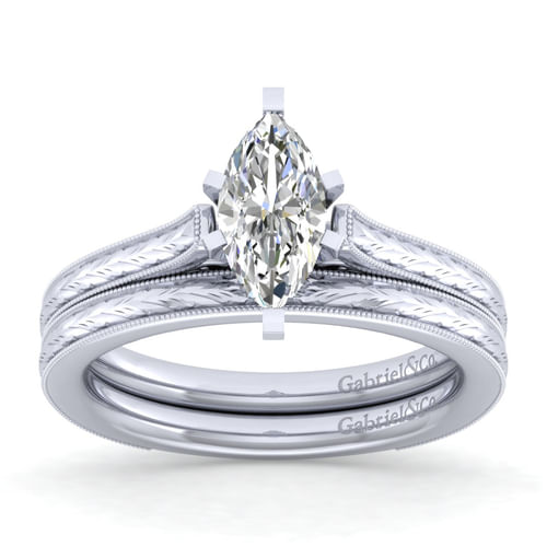 Vintage Inspired 14K White Gold Marquise Shaped Solitaire Engagement Ring