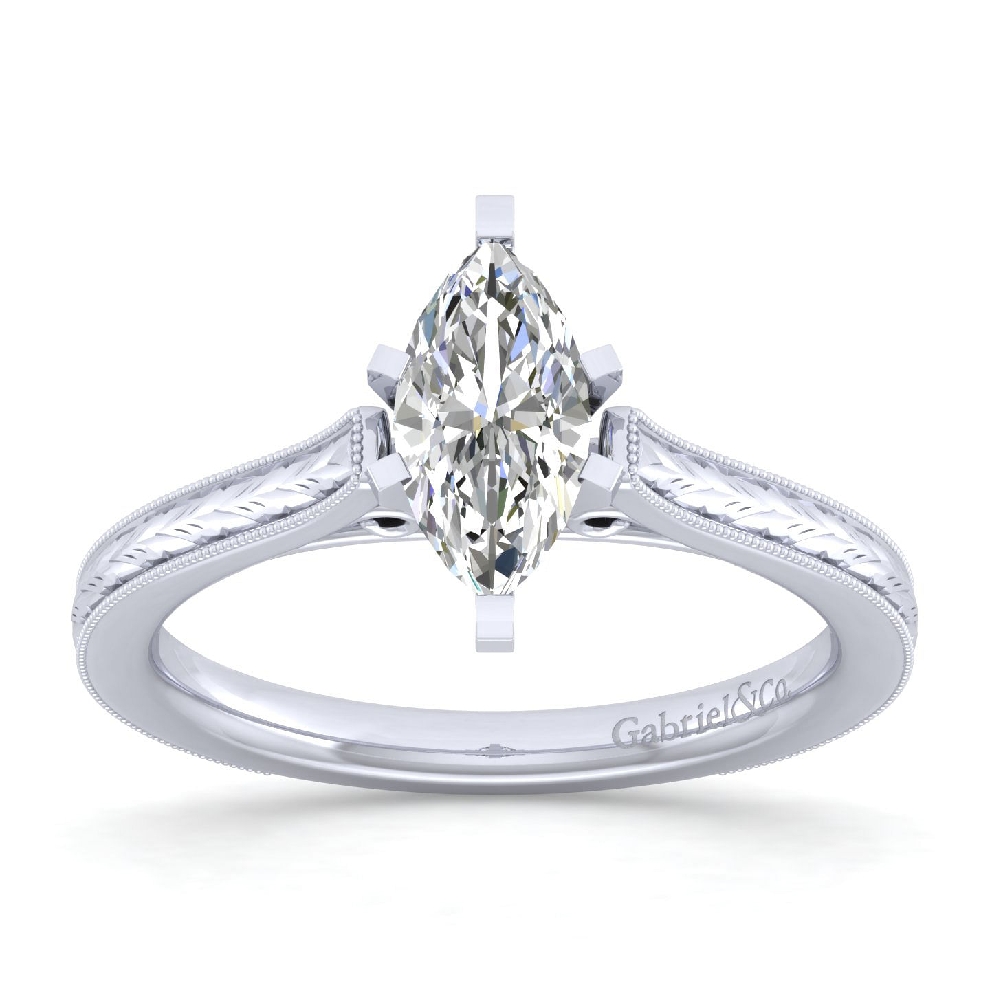 Vintage Inspired 14K White Gold Marquise Shaped Solitaire Engagement Ring