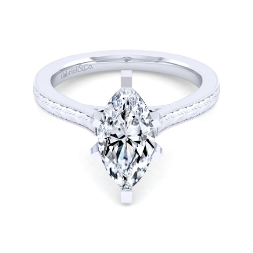 Vintage Inspired 14K White Gold Marquise Shaped Solitaire Engagement Ring
