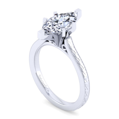 Vintage Inspired 14K White Gold Marquise Shaped Solitaire Engagement Ring