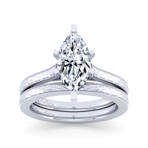 Vintage Inspired 14K White Gold Marquise Shaped Solitaire Engagement Ring