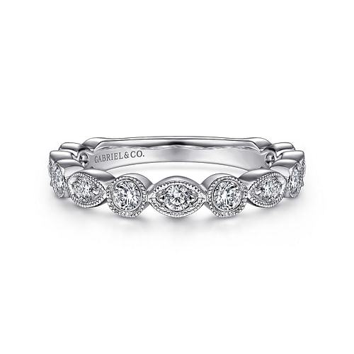 Vintage Inspired 14K White Gold Marquise and Round Station Diamond Anniversary Band