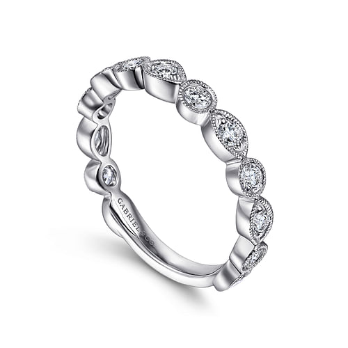 Vintage Inspired 14K White Gold Marquise and Round Station Diamond Anniversary Band