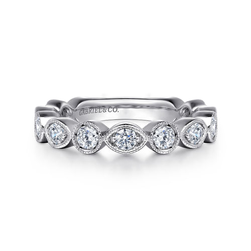 Vintage Inspired 14K White Gold Marquise and Round Station Diamond Anniversary Band