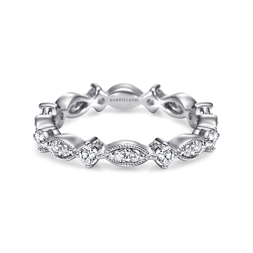 Vintage Inspired 14K White Gold Marquise and Round Station Diamond Eternity Band