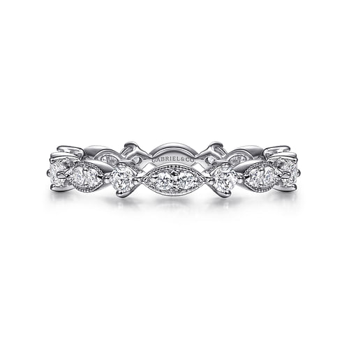 Vintage Inspired 14K White Gold Marquise and Round Station Diamond Eternity Band